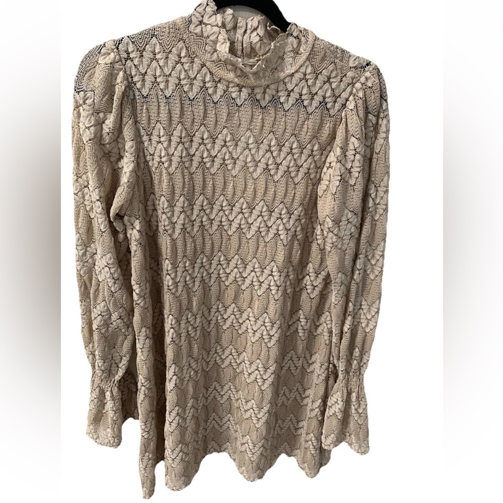 Sheer Beige Asymmetrical Tunic Dress High Neck long sleeves